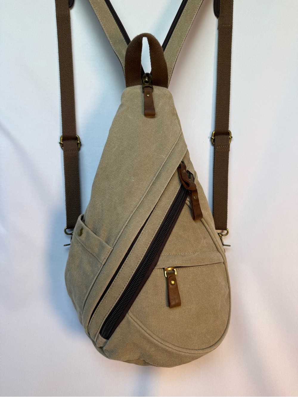 Convertible Canvas Backpack Sling Bag Khaki Brown Utility Travel